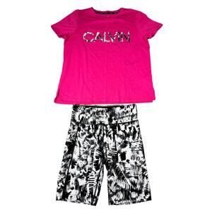Calvin Klein Women's Athletic Pink T-Shirt and‎ Printed Bike Shorts Bundle - Med